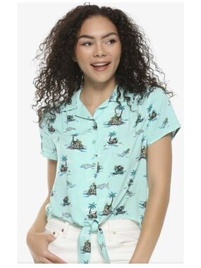 Disney Light Aqua Tie-Front Camp Shirt with Island Print